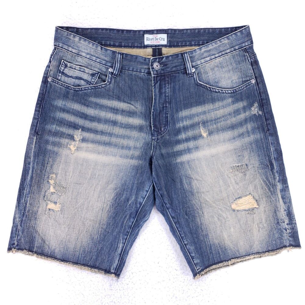 Rivet De Cru Jean Shorts Denim Cotton Mens SZ 38 Blue Straight VTG Baggy 90s Y2K
